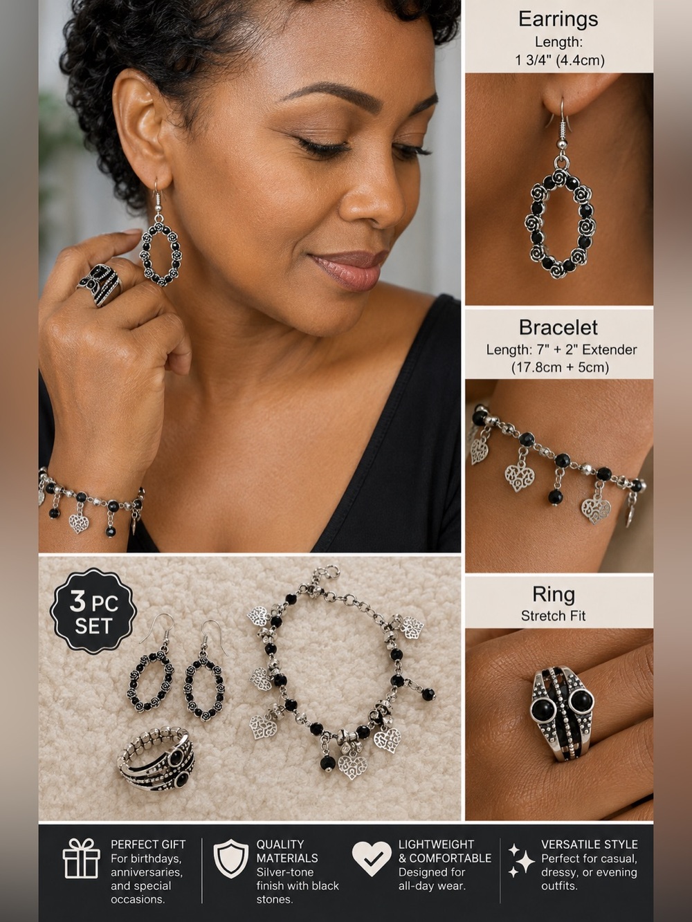 Elegant Black & Silver Heart Charm Jewelry- adjustable bracelet & ring